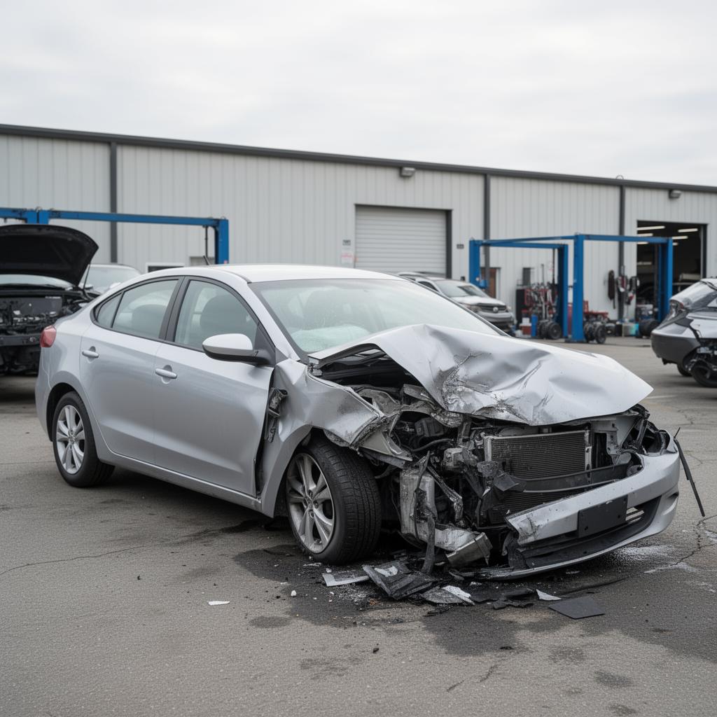 A white sedan with collision damage being towed in an overcast parking lot
